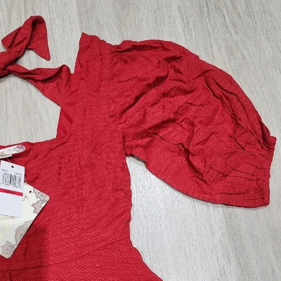 Red Puff-Sleeve Tie-Back Mini Dress - Picture 4 of 10